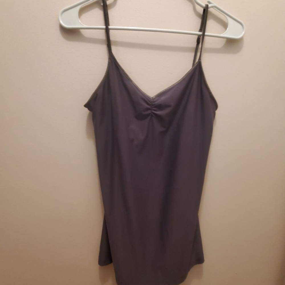 Long tank top with scrunched chest greyish blue silklike material